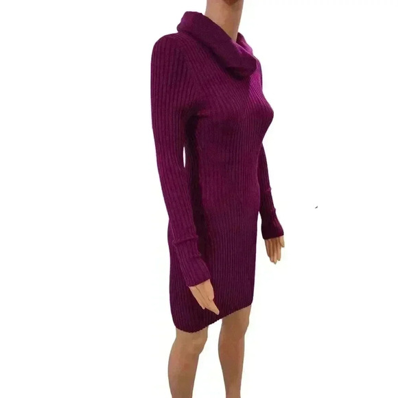 Cozy Ribbed Knit Cowl Neck Sweater Dress - Fuchsia - Picture 2 of 7